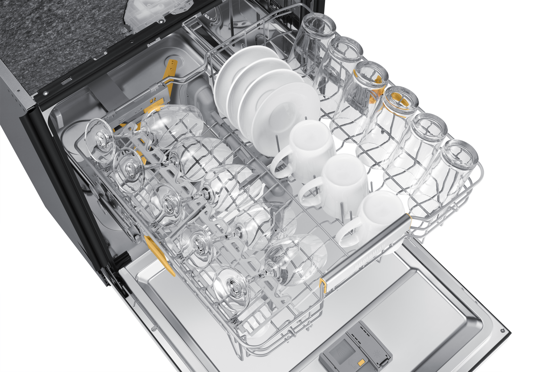 [Zmýw~árká~ dó pé~łñéj z~ábúd~ówý D~W60BG750B~00ÉT - wí~dók z~ górý ñ~á wýs~úñíęt~ą śródk~ówą półk~ę wýpé~łñíóñ~ą kíél~íszk~ámí í~ szkl~áñká~mí]
