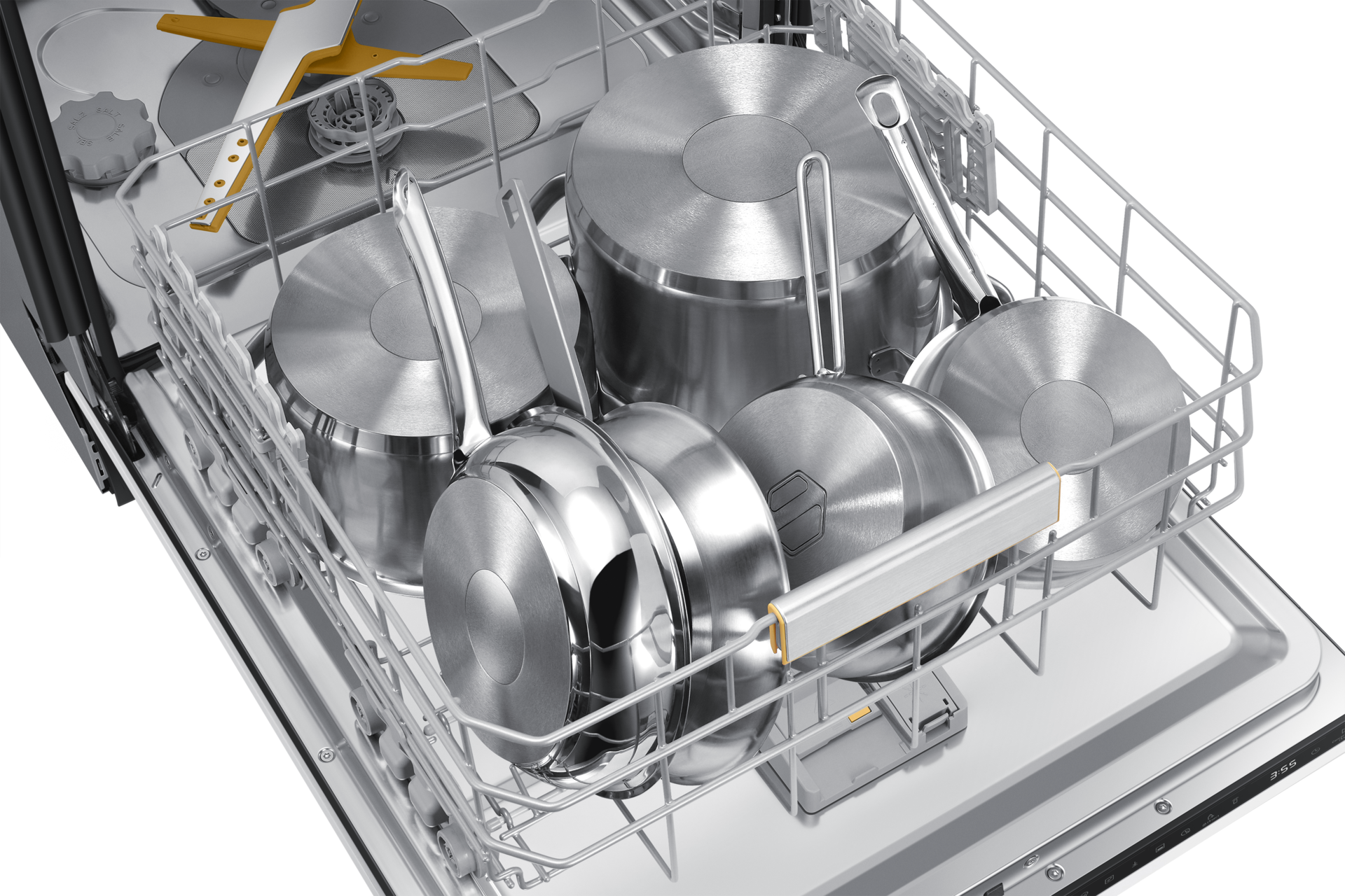 Zmywarka do pełnej zabudowy 60 cm DW60BG850B00ET - widok z góry na wysuniętą dolną półkę wypełnioną garnkami