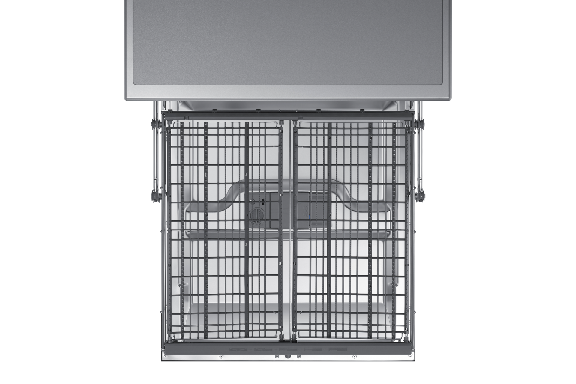 Zmywarka wolnostojąca Samsung 60 cm DW60M6050FS pokazana od góry z otwartymi drzwiami i wysuniętą szufladą na sztućce