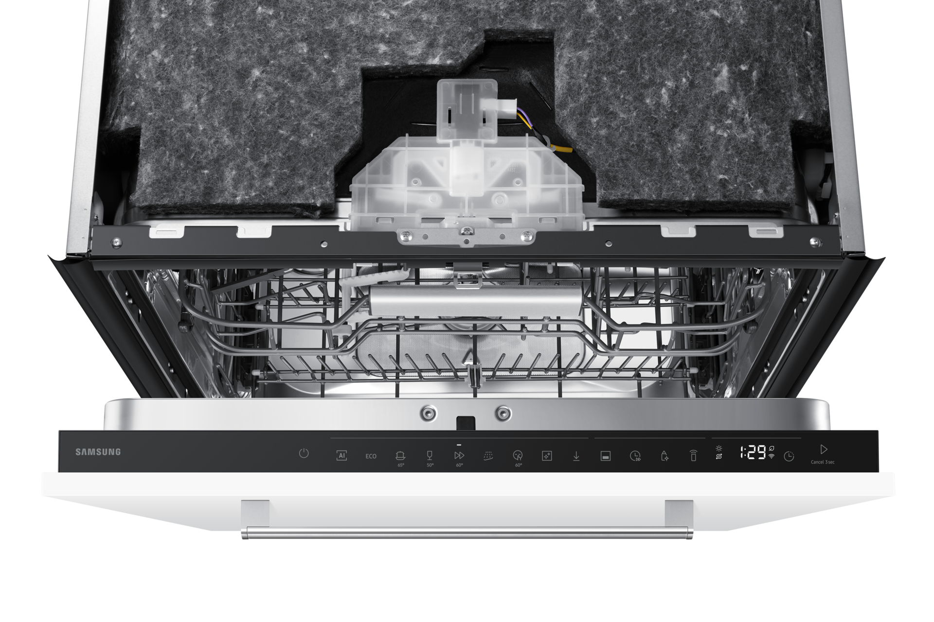 Zmywarka do zabudowy Samsung DW80H77VAB0U1 bez panelu - widok na otwarte urządzenie z panelem sterowania (przyciski dotykowe, programy Eco/AI 45°/50°/60°), wyświetlaczem 1:29, górnym koszem i izolacją akustyczną drzwi.