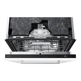 Zmywarka do zabudowy Samsung DW80H77VAB0U1 bez panelu - widok na otwarte urządzenie z panelem sterowania (przyciski dotykowe, programy Eco/AI 45°/50°/60°), wyświetlaczem 1:29, górnym koszem i izolacją akustyczną drzwi.