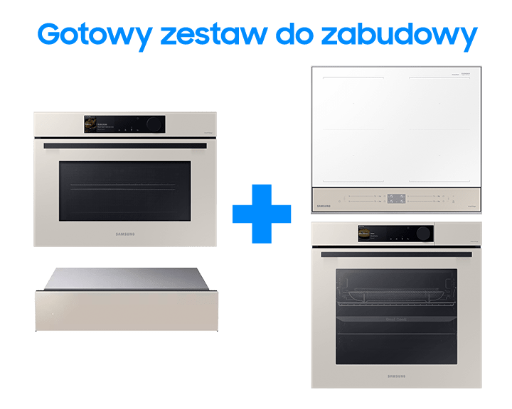 Zestaw do zabudowy Bespoke beżowy składający się z piekarnika, piekarnika kompaktowego, płyty indukcyjnej i szuflady podgrzewającej