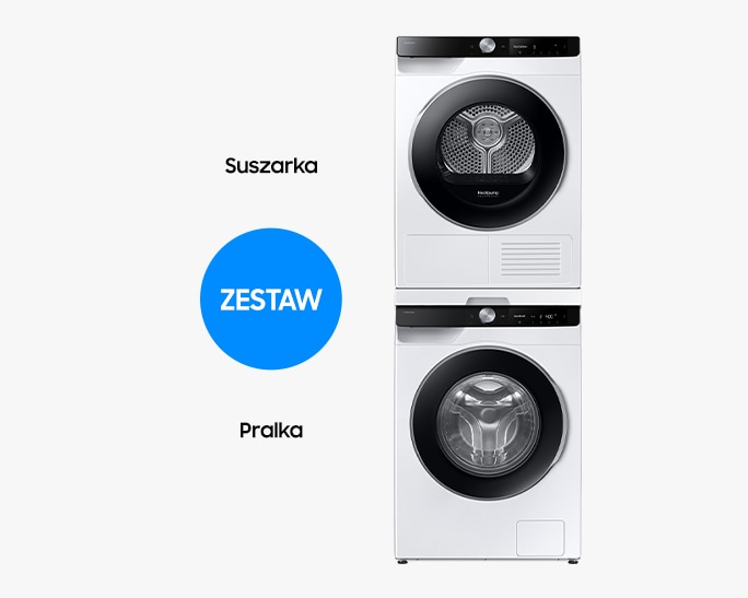 Zestaw Pralka AI 9kg WW90DG6U85LKU4 + Suszarka AI 9kg DV90DG6845LKU4, ustawione na sobie za pomocą łącznika, widok z przodu.