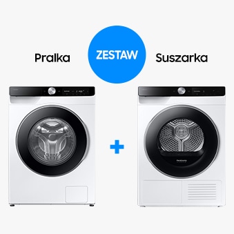 Zestaw Pralka AI 9kg WW90DG6U85LKU4 + Suszarka AI 9kg DV90DG6845LKU4, kolor biały, widok z przodu.