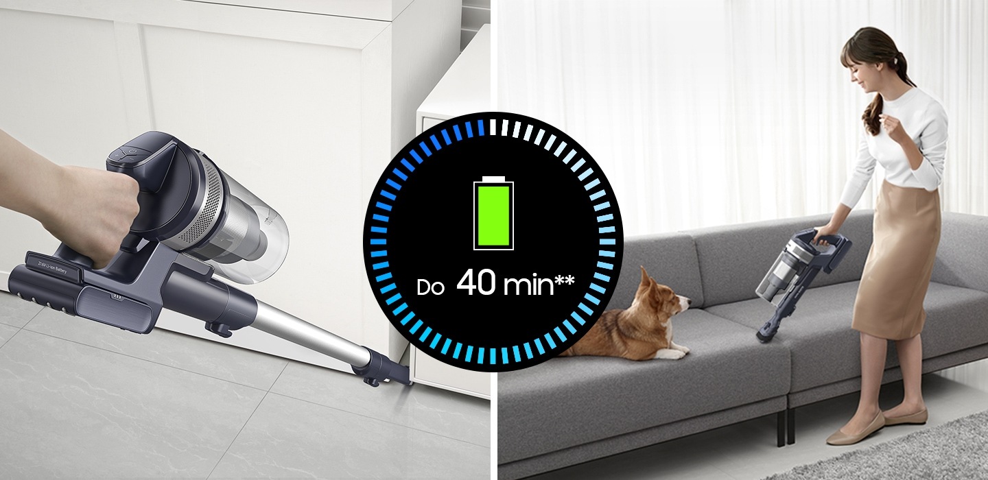 A person cleans the room corner with a VS6700 equipped with an extension crevice tool and cleans the sofa with a combination tool.  The VS6700 battery allows cleaning for up to 40 minutes.