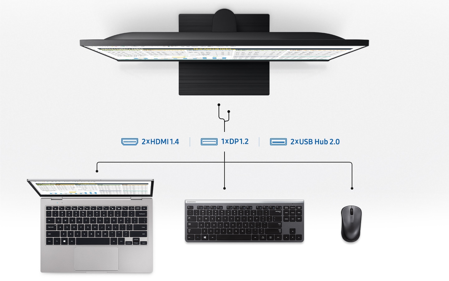 Dzięki dużej liczbie różnorodnych portów w monitorze Samsung T450F zyskujesz więcej możliwości łączności.