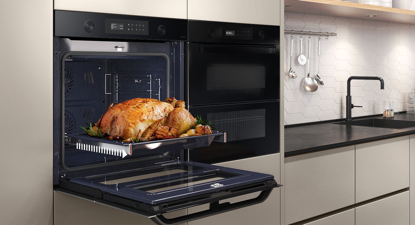 Prowadnice teleskopowe w piekarniku Samsung Dual Cook Flex NV75A6649RK/EO.