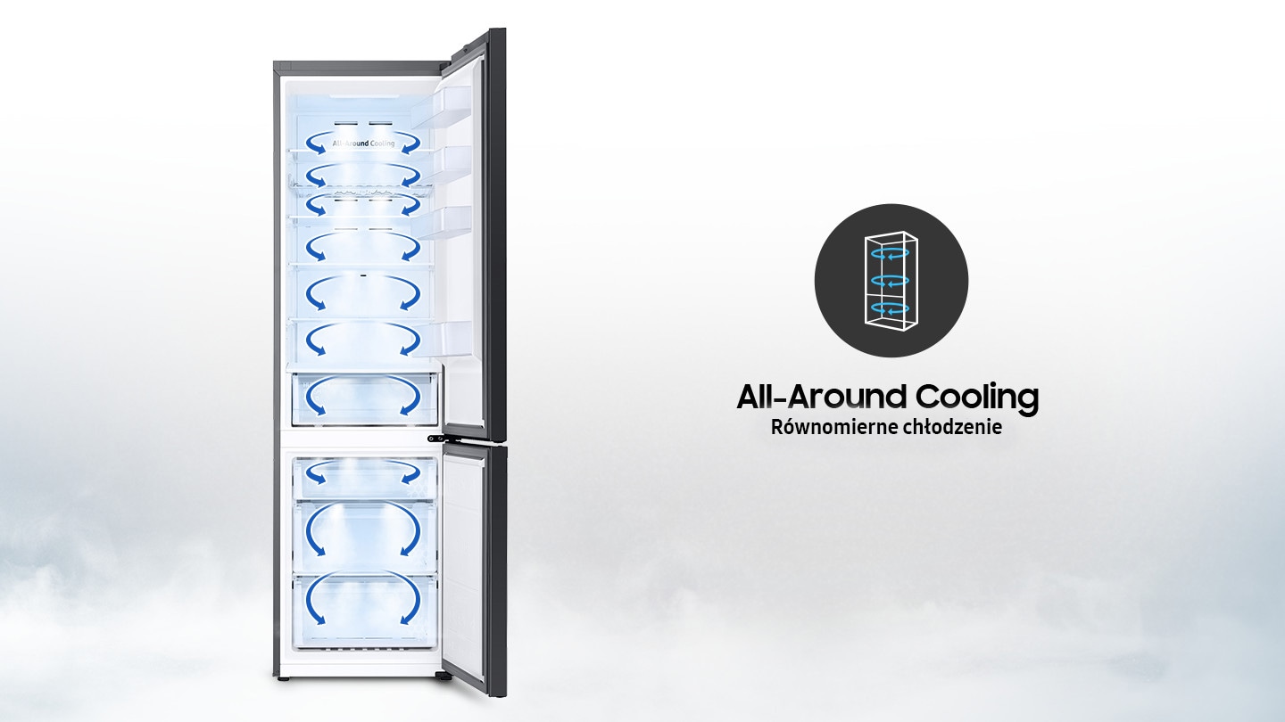 Sistemul All-Around Cooling folosit la frigiderele BESPOKE asigură o răcire uniformă în interiorul dispozitivului, datorită căreia temperatura este aceeași peste tot.