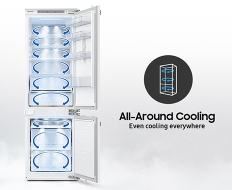 Blue arrows are shown on every inner section of the refrigerator. It indicates cold air spinning through every storage space.