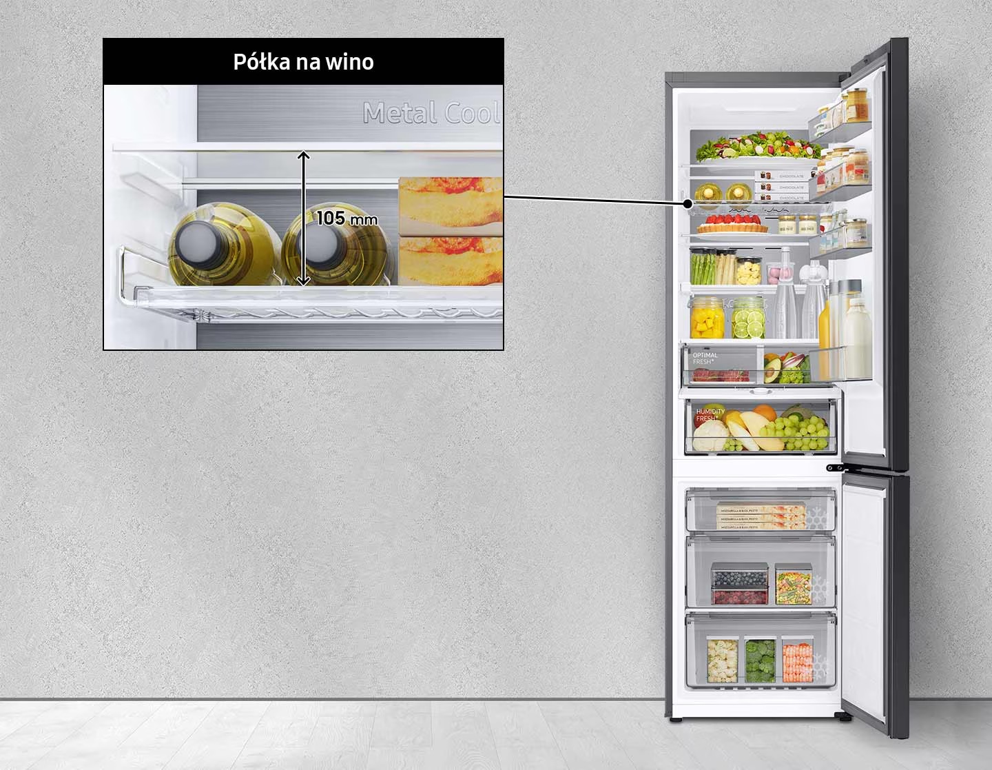 Frigiderele BESPOKE, datorită amenajării funcționale a raftului și soluțiilor moderne, cum ar fi forma plată a raftului pentru vin sau capacitatea de a plia și extinde raftul, permit depozitarea comodă a produselor și utilizarea deplină a spațiului disponibil.