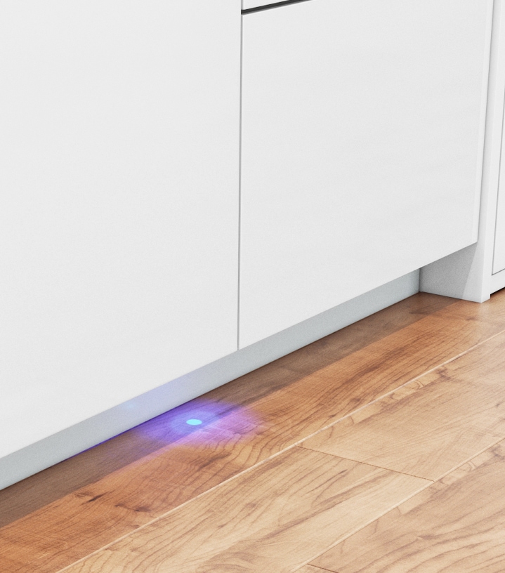 Shows a blue light being projected onto the floor during a wash cycle, so you can clearly see if the dishwasher is working.