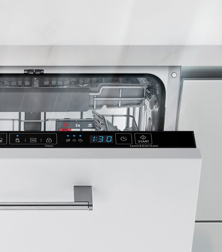 Odată ce ciclul este finalizat, mașina de spălat vase cu afișaj de podea Samsung DW60A8071BB/EO se va deschide automat.