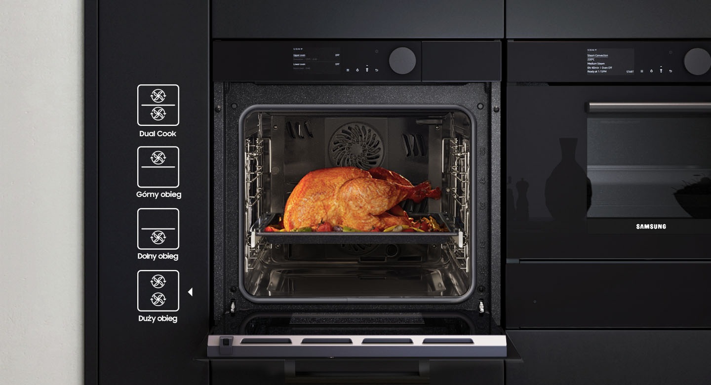 Za sprawą czarnego piekarnika Samsung NV75T8549RK/EO z systemem Dual Cook możesz przygotowywać dwa dania jednocześnie.
