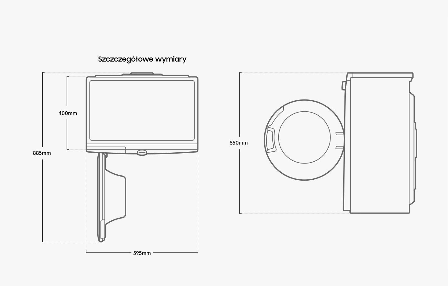 Пральна машина має глибину 400 мм, ширину 595 мм, глибину з відкритими дверцятами 885 мм, висоту 850 мм.