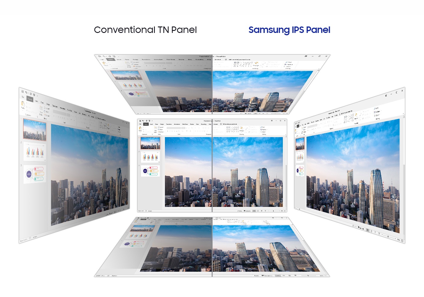 Conventional TN Panel and Samsung IPS Panel are being compared. It is similar from the front, but when viewed from the top, bottom, left and right, the screen of the TN Panel looks dark, but the IPS looks clean.