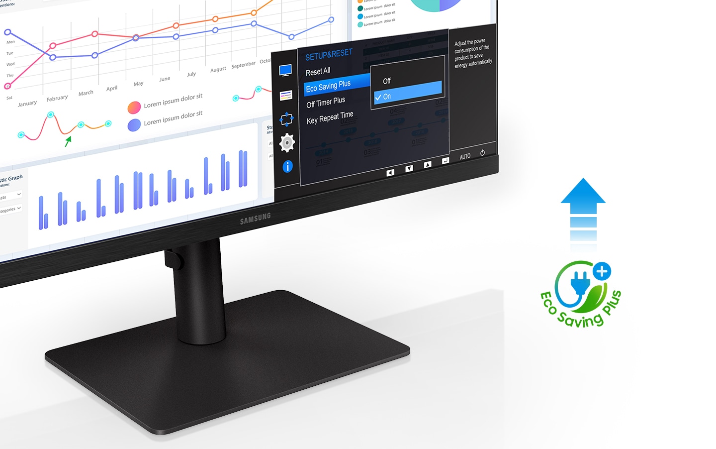 The Eco Saving Plus function is shown with an icon on the right side of the monitor.