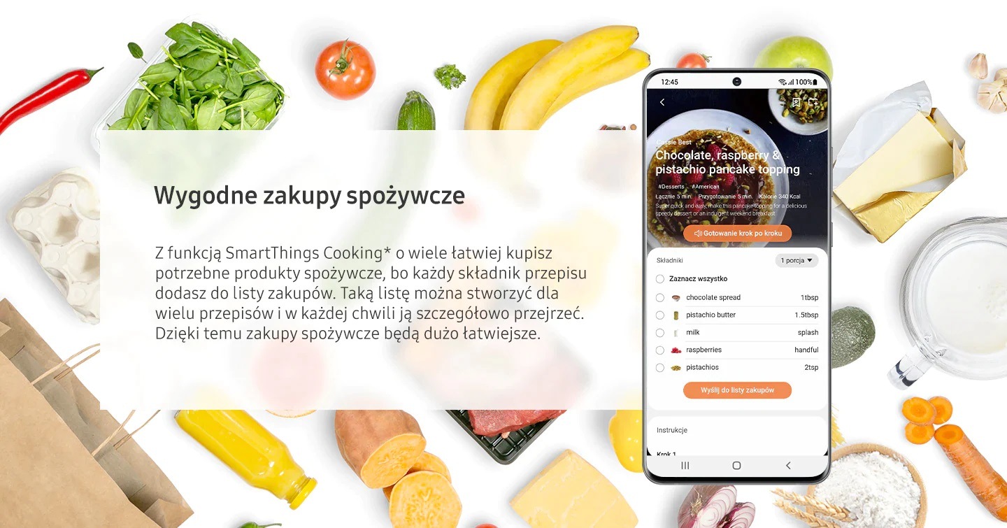 A SmartThings Cooking alkalmazás Kényelmes Bevásárlás funkciója lehetővé teszi a felhasználó számára, hogy bármikor, bárhol, egyszerűen a kosárba helyezve megvásárolja a szükséges receptet. Vásárolja meg a szükséges élelmiszereket sokkal könnyebben a SmartThings Cooking* segítségével. Bármelyik recept hozzávalója hozzáadható egy bevásárlólistához. Ezt több recepthez is megteheti, és bármikor megtekintheti a részletes listát. Ezután zökkenőmentesen elhelyezheti a termékeket a kedvenc online élelmiszerboltja*** kosarában.