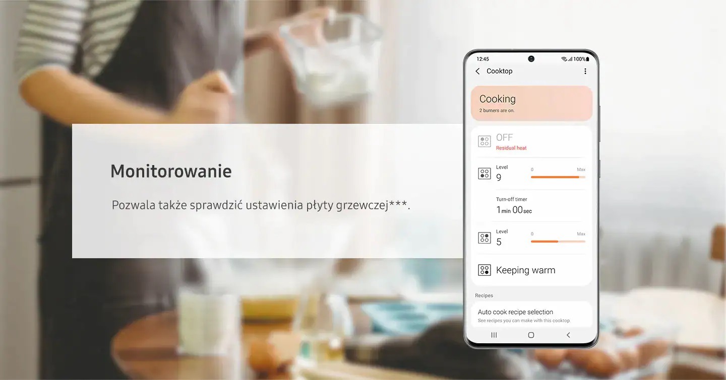 A főzőlap aktuális beállításai a SmartThings Cooking alkalmazással figyelhetők. Az égőfej, a hőfok és a kikapcsolási időzítő szabályozható. Az irányított főzési élmény lehetővé teszi a főzőlap beállításainak távoli figyelését***.