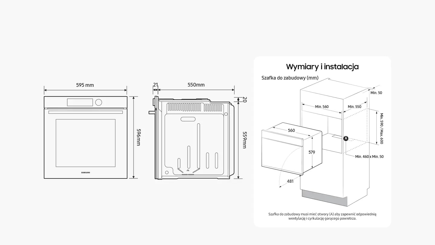Diagrams highlight the dimensions of the oven: height (front) = 596mm, height (back) = 559mm + 20mm to height in middle, width = 595mm (incl. front) / 560mm (excl. front), depth = 550mm + 21mm for the door (excl. handle). Another diagram shows the minimum size of the built-in cabinet space that the oven can be installed in: height = min. 590mm / max. 600mm, width = min. 560mm, depth = min. 550mm + a space of min. 50mm behind the oven. It also shows that the doors extends out 481mm when fully open. The text says that there must be vents on the rear floor of the built-in cabinet space that are a min. 460mm x min 50mm to ventilate heat and circulate the air.