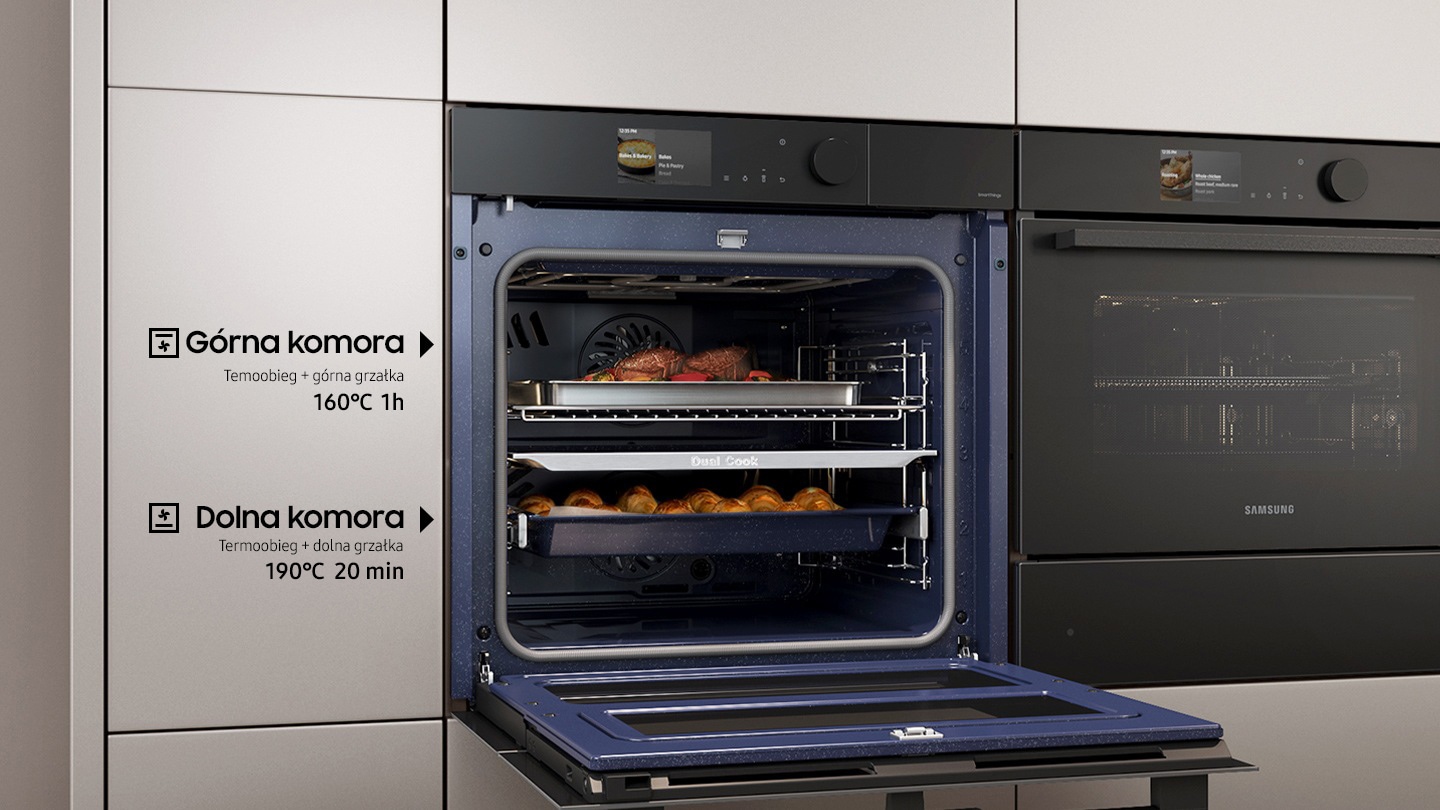 Shows the upper and lower zones of the Dual Cook Flex system being used independently to cook different dishes at the same time with different settings: the upper zone using top heat + convection for 1 hour at 160°C and the lower zone using bottom heat + convection for 20 minutes at 190°C.