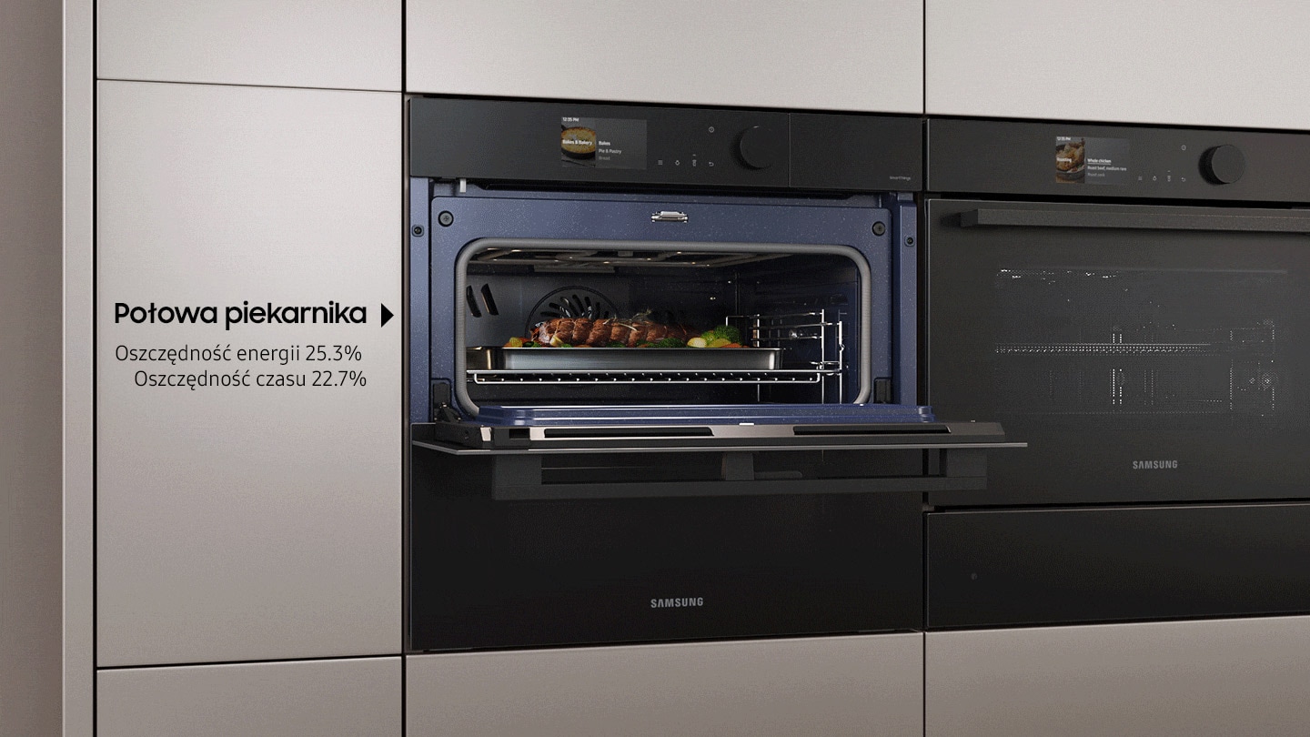 Shows how the hinged door can be opened fully to cook a large meal like a holiday turkey or the just the top half can be opened to cook food in the upper zone. This Half Loading saves 25.3% energy and 22.7% time.