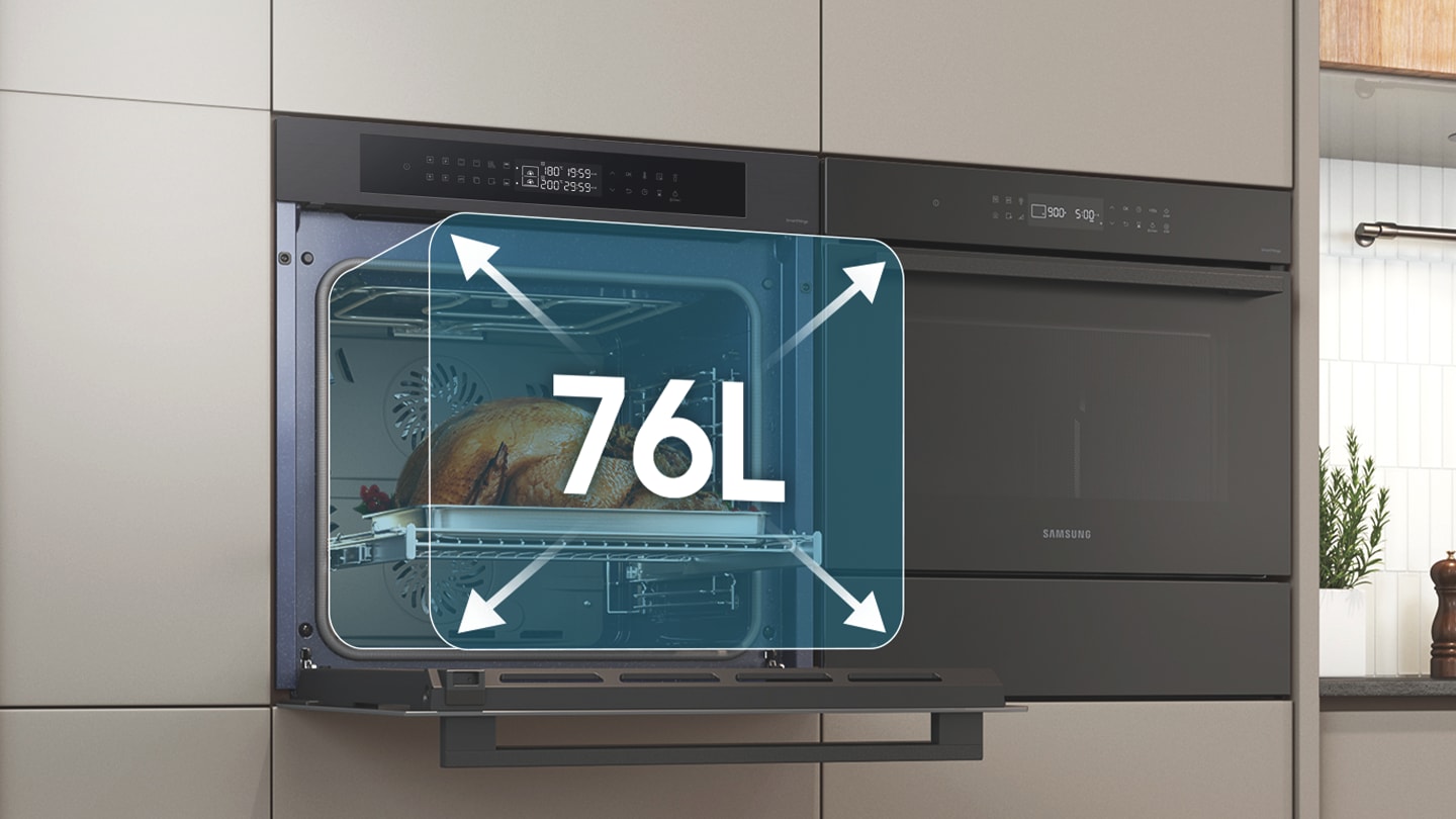 Shows a large turkey cooking inside the spacious oven with arrows illustrating its 76 liter capacity.