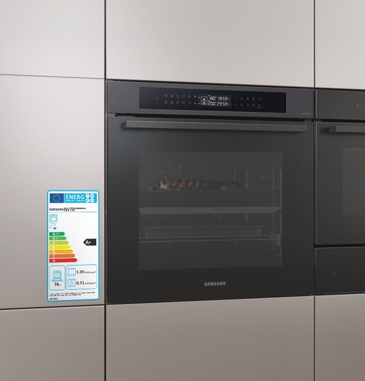 Shows the oven in the kitchen with a label highlighting its A+ energy efficiency rating. It also shows that it has a 76 liter capacity and consumes 1.05 kWh/cycle as a conventional oven and 0.71 kWh/cycle using forced air convection.
