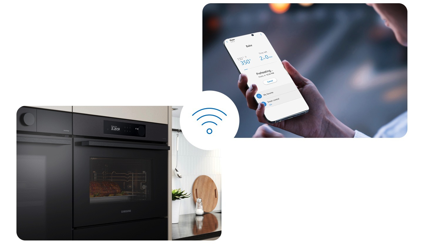 Shows a person using the SmartThings smartphone app to check and control the settings of the oven, including the oven temperature and remaining cooking time, with its Wi-Fi Connectivity.
