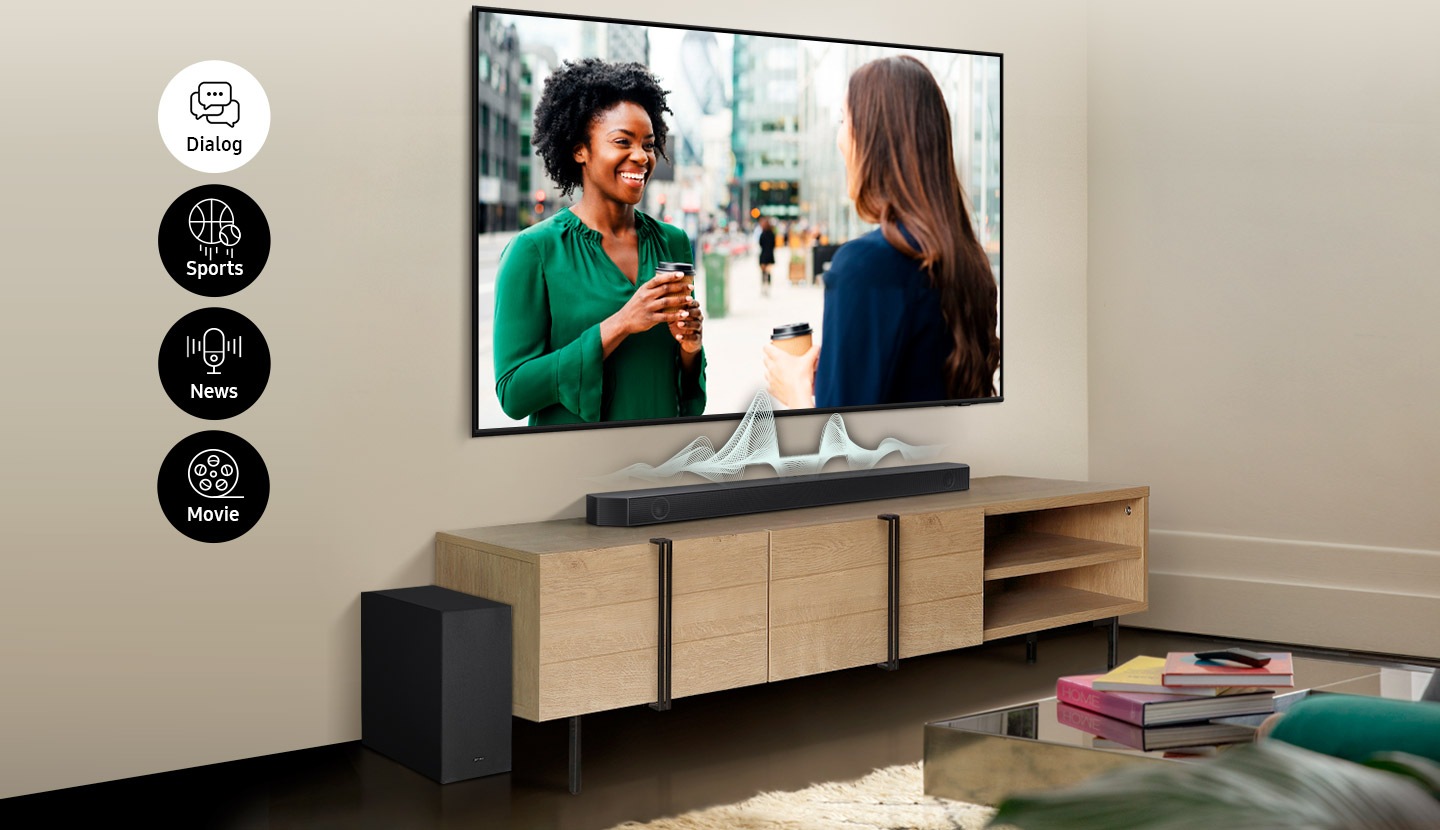 A TV display changes from dialogue, sports, news, to movies and the soundbar shows different audio waves for each to show how the soundbar adapts to voices within each content.