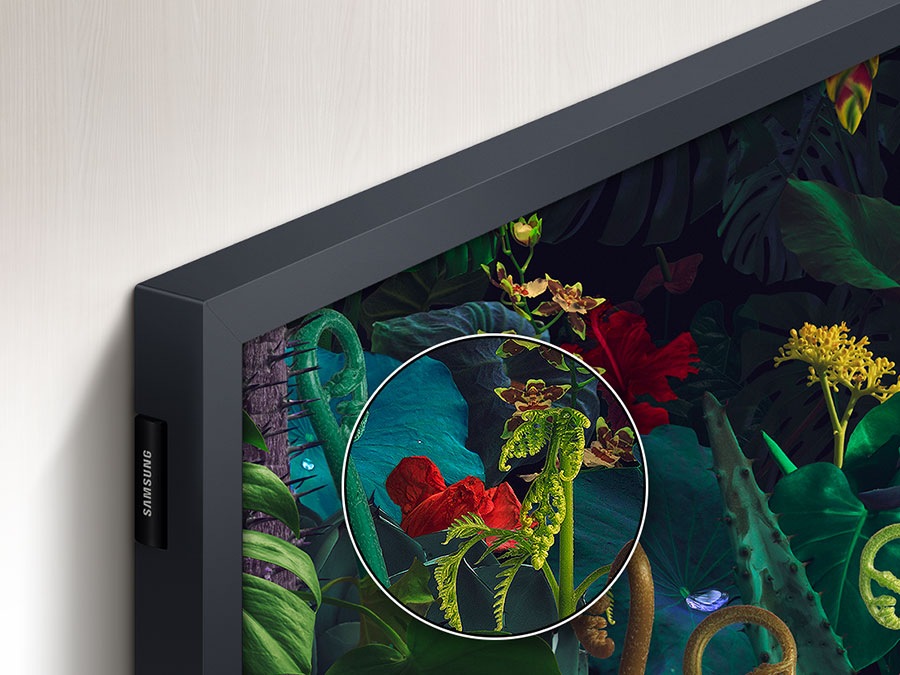A part of the screen on The Frame is emphasized to show how realistic the colors are via 100% Color Volume technology. 