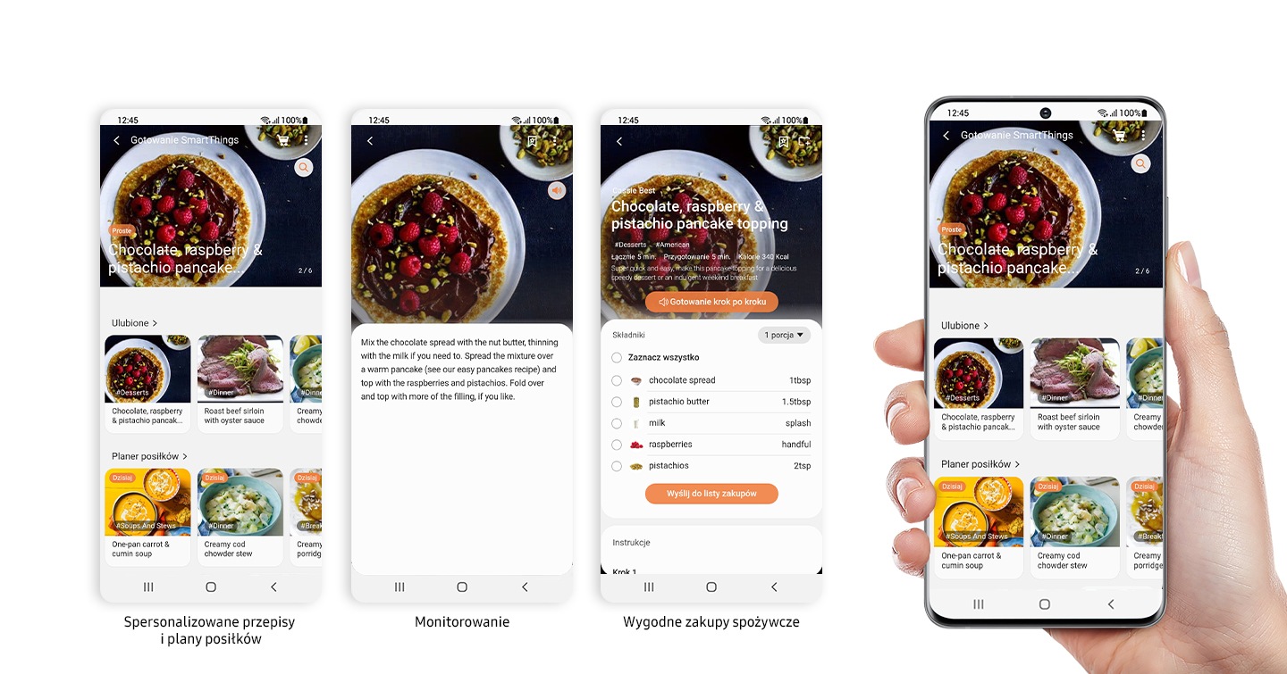 Aplikacja SmartThings Cooking ze spersonalizowanymi przepisami, planami posiłków i możliwością tworzenia listy zakupów, dostępna dla płyty indukcyjnej SlimFit NZ64B5045FK/U2