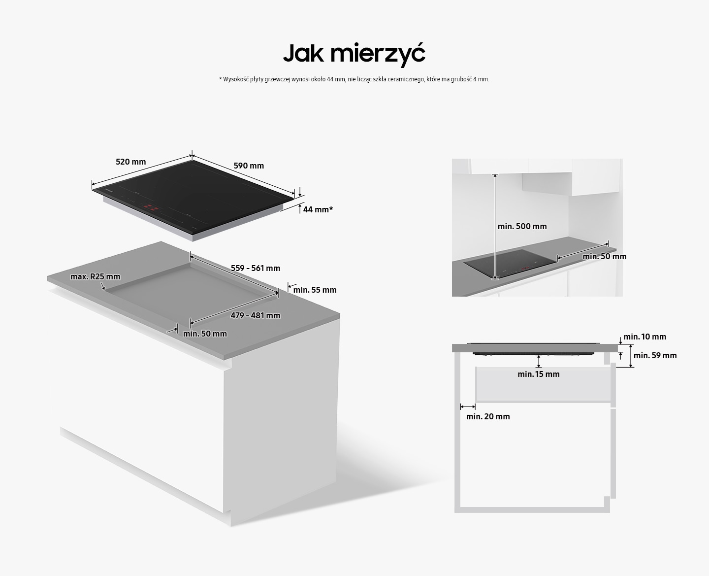 Płyta indukcyjna SlimFit NZ64B5066GK/U2 rysunek jak mierzyć odległości