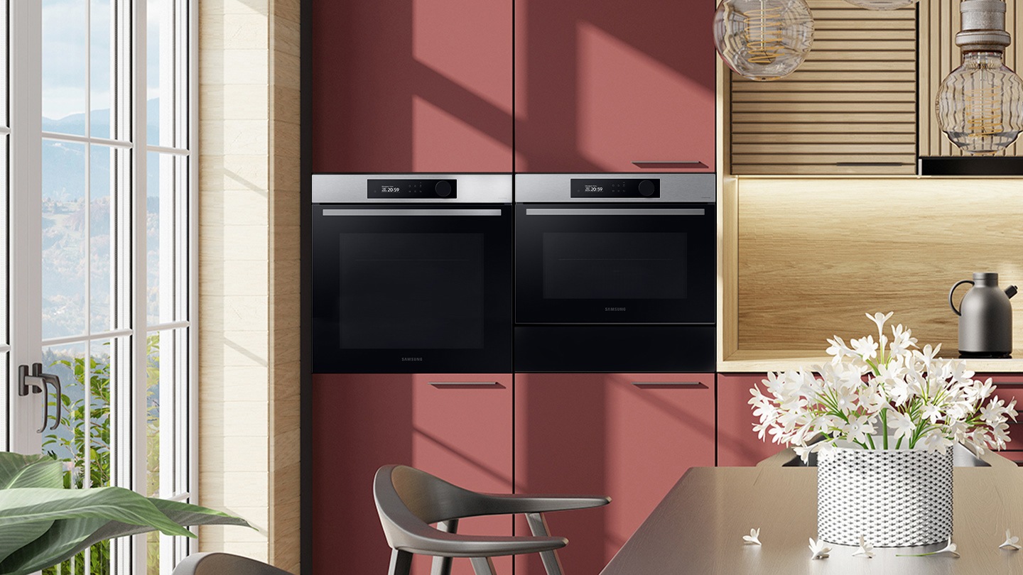 Shows the built-in oven seamlessly installed in a kitchen next to a Microwave Combo oven. Its BESPOKE "Clean Beige" color elegantly complements and enhances the kitchen's color scheme.