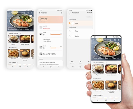 A személyre szabott receptek és étkezési tervek, a teljes kontroll az irányított főzéssel, valamint a kényelmes bevásárlás elérhető a SmartThings Cooking alkalmazásban.