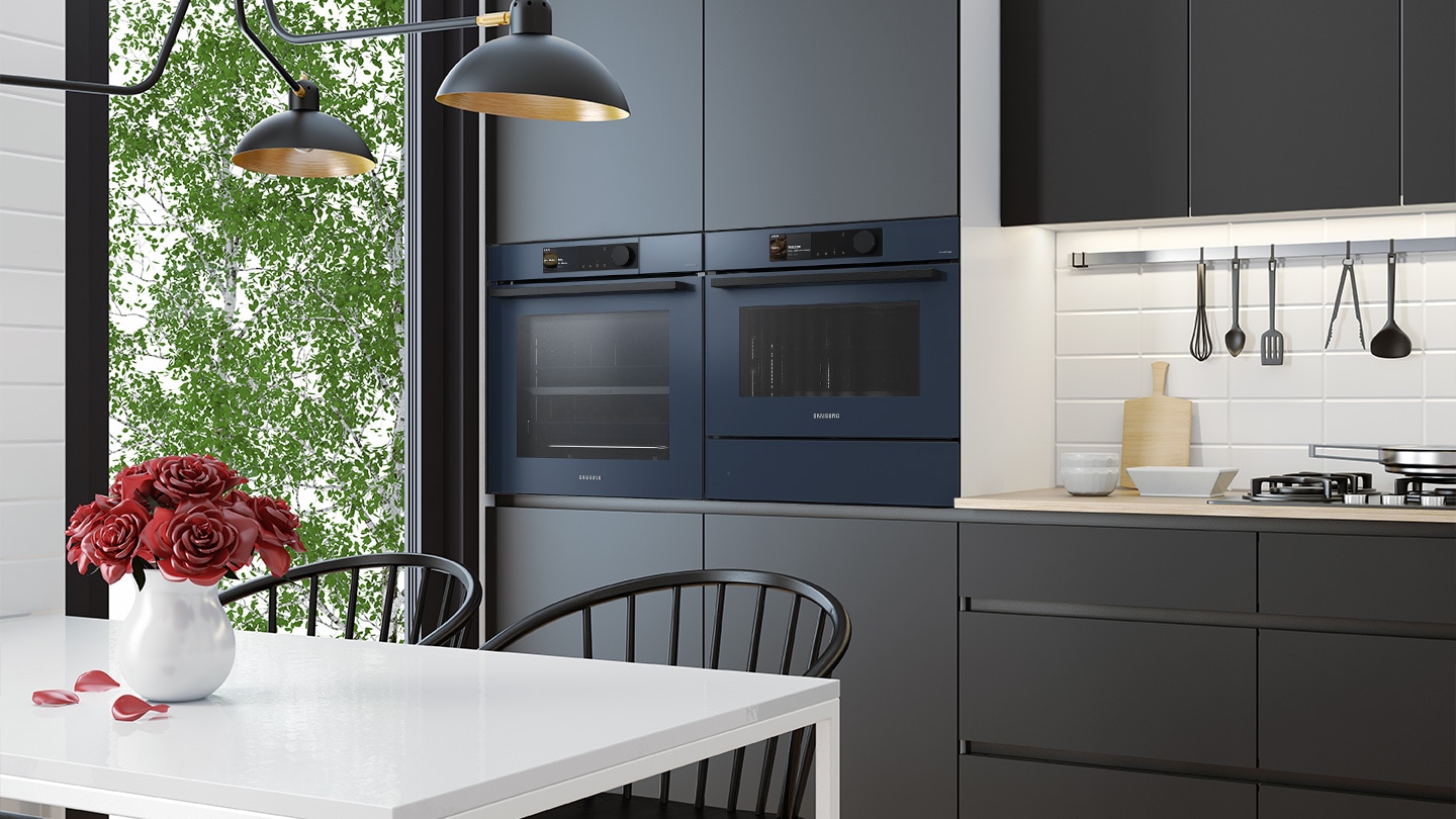 Shows the built-in oven seamlessly installed in a kitchen next to a Microwave Combo oven. Its BESPOKE "Clean Navy" color elegantly complements and enhances the kitchen's color scheme.