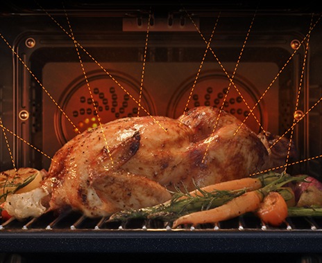 Shows a turkey and vegetables being cooked quickly and thoroughly using the oven’s “stirrer” microwave, and browned by the convection system.