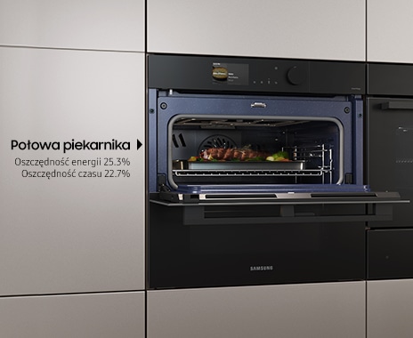 Shows the upper and lower zones being used independently to cook different dishes at the same time using different settings.