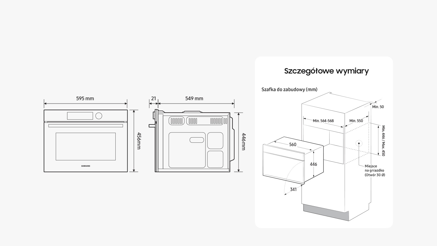 Diagrams highlight the dimensions of the oven: height (front) = 456mm, height (back) = 446mm, width = 595mm (incl. front) / 560mm (excl. front), depth = 549mm + 21mm for the door (excl. handle). Another diagram shows the minimum size of the built-in cabinet space that the oven can be installed in: height = min. 446mm / max. 450mm, width = min. 564-568mm, depth = min. 550mm + a space of min. 50mm behind the oven. It also shows that the doors extends out 341mm when fully open. The text says that there must be space for a power outlet (30 Ø Hole) on the rear wall of the built-in cabinet space.