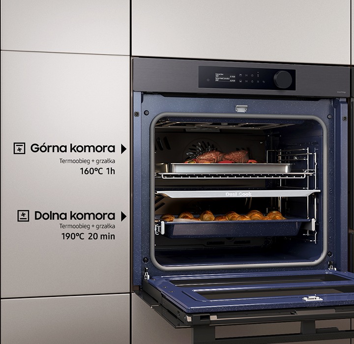 Shows the upper and lower zones being used independently to cook different dishes at the same time using different settings.