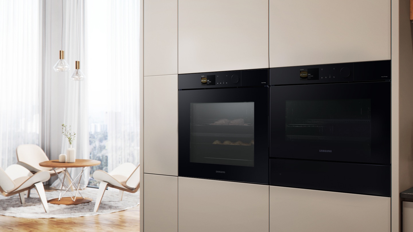 Shows the built-in oven seamlessly installed in a kitchen next to a Microwave Combi oven.