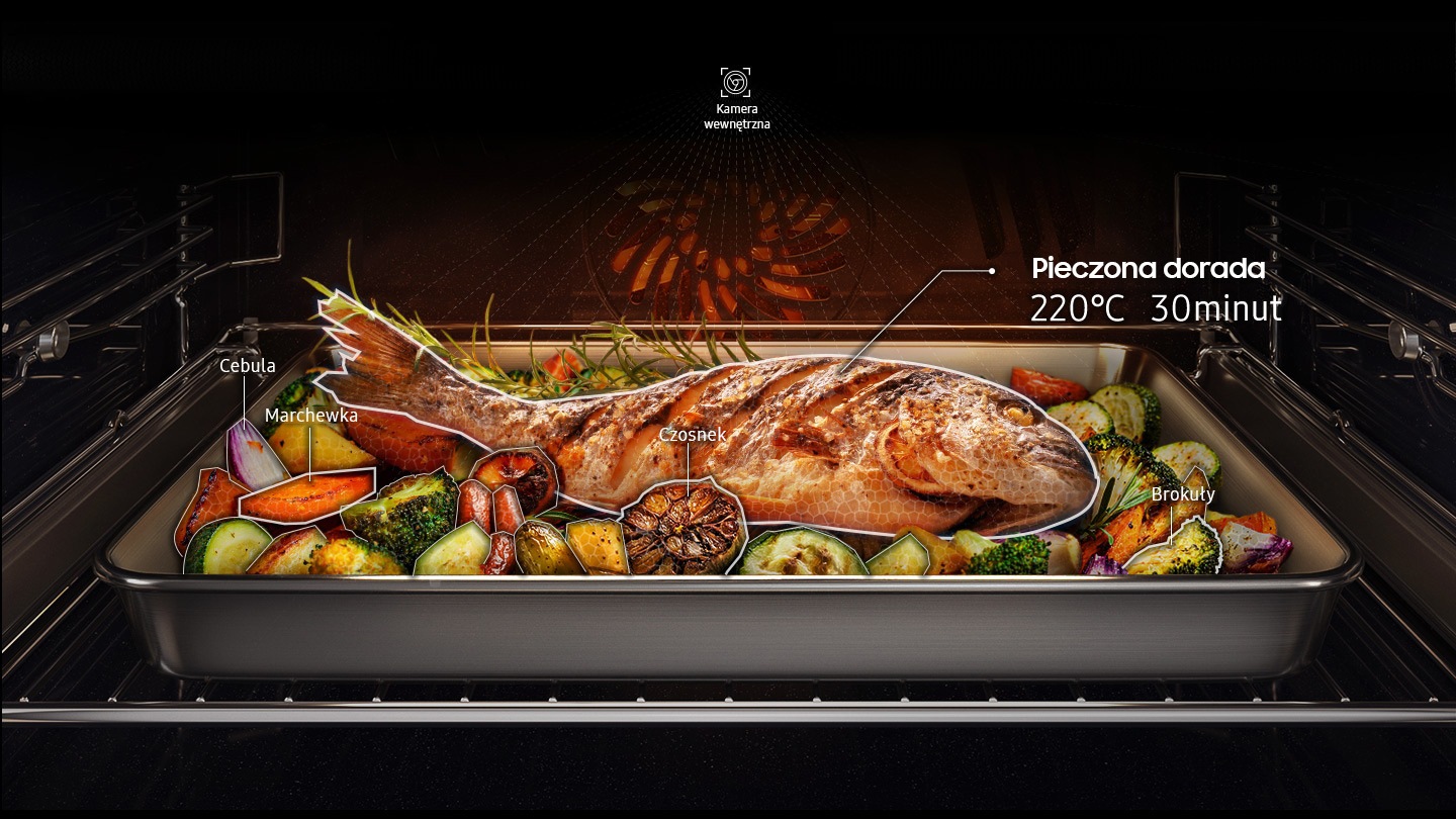 A sütő belsejét mutatja.  A belső kamera segítségével az AI ​​Pro Cooking rendszer azonosította, hogy a főzendő étel sült tengeri keszeg zöldségekkel, köztük hagymával, sárgarépával, fokhagymával és brokkolival.  Javasoljuk, hogy ezt az ételt 220 °C-on 30 percig főzze.