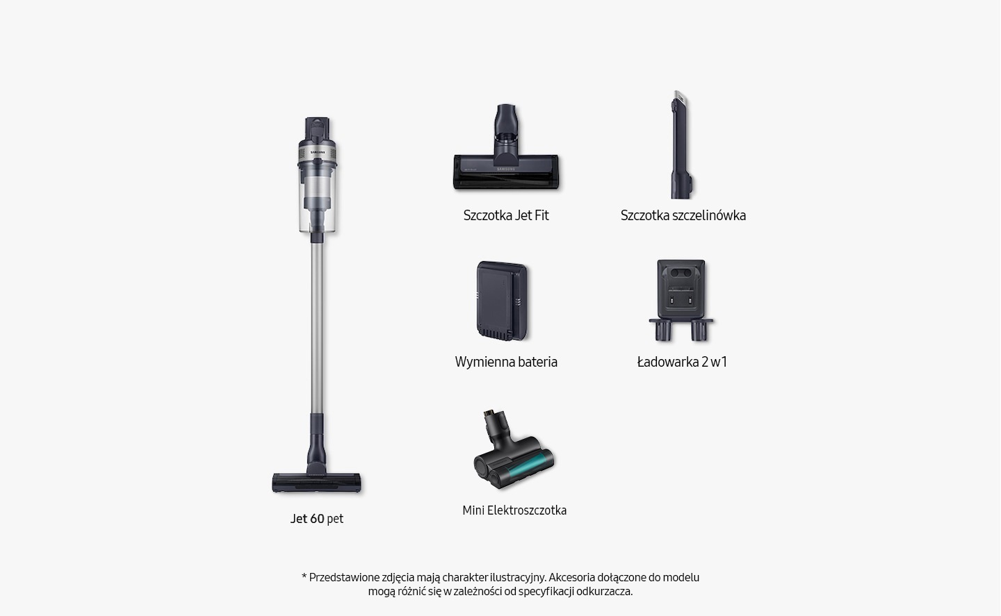Items included inbox shown: Jet 60 Fit, jet fit brush, extension crevice tool, battery and 2-in-1 charger.All images shown are for illustration purpose only.  Actual model may vary depending on specifications.