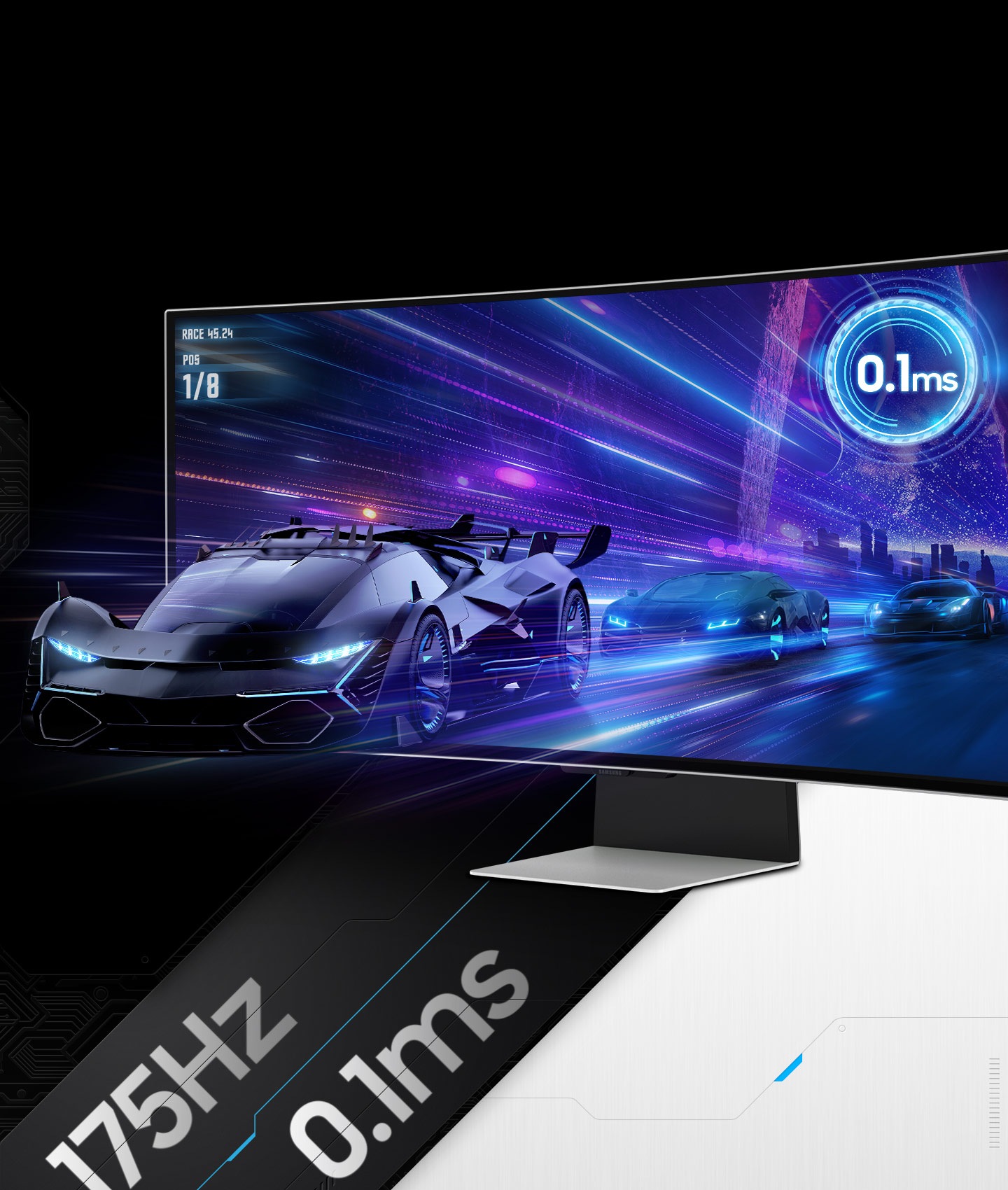 An Odyssey monitor shows a car racing scene on its screen. Three cars speed away from a city skyline. The front of the lead car is coming off the monitor's screen. In the top right corner of the screen, it reads ""0.1ms.""