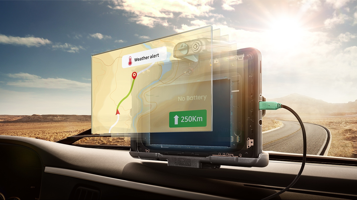 Galaxy Tab Active4 Pro in a vehicle against the sunlight, attached to a dock and connected via compatible power source accessory in No Battery Mode. Internals of the device show that there is no battery, and a map with weather alert and driving directions is shown on screen.