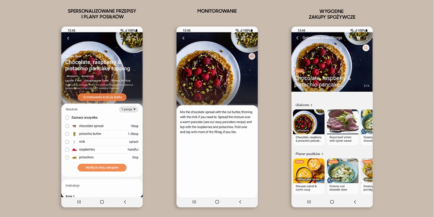 Afișează 3 ecrane de smartphone din aplicația SmartThings Cooking, care vă permite să accesați rețete personalizate și planuri de masă, să vizualizați instrucțiuni ghidate de gătit și să creați o listă de cumpărături pentru a cumpăra ingrediente.