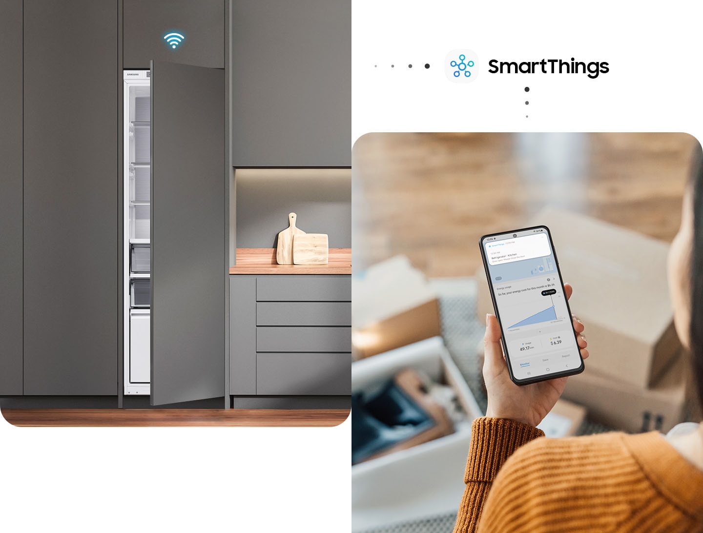 Ușa BRR6000B este pe jumătate deschisă, iar pictograma Wi-Fi plutește deasupra ei. Utilizatorii verifică starea frigiderelor cu smartphone-urile lor prin SmartThings.