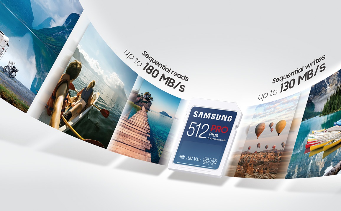Grafika na której widać kartę pamięci SD PRO Plus 512GB  i jej szybkość.