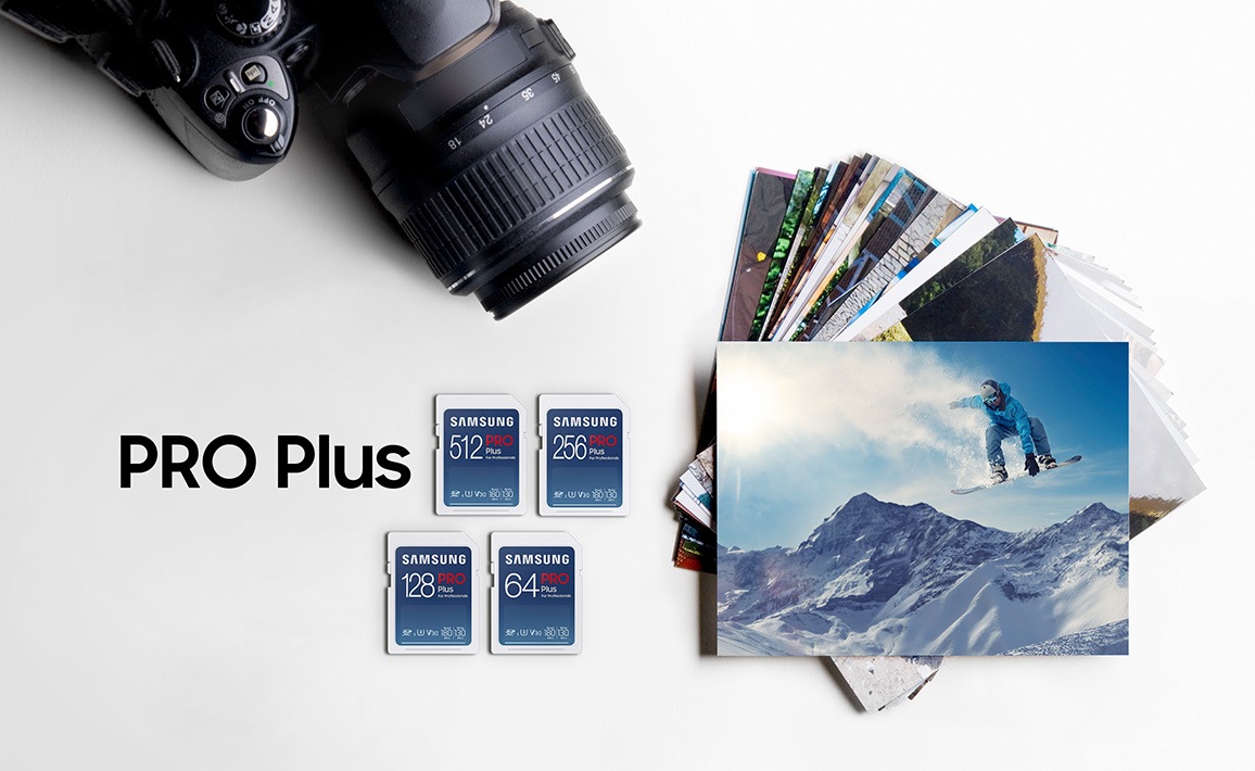 Grafika na której widać aparat fotograficzny z kartą pamięci 521GB SD Pro Plus.
