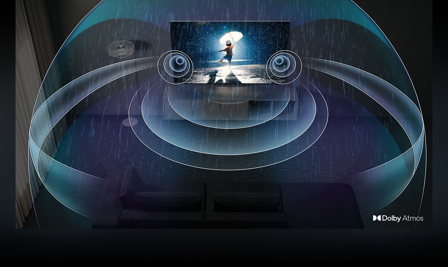 Chłopiec z parasolką obrazujący dźwięk przestrzenny w telewizorach Samsung Neo QLED 8K QN700C
