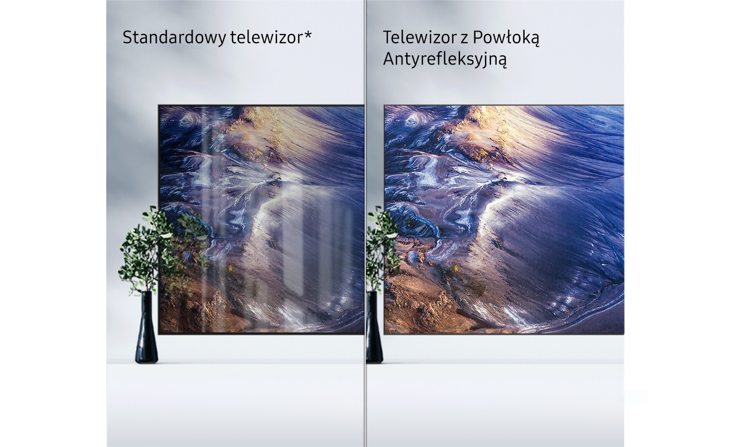 Porównanie ekranu standardowego telewizora z telewizorem Samsung Neo QLED z powłoką antyrefleksyjną